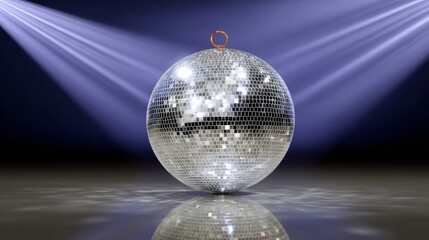 Shiny disco ball reflecting colorful lights, suspended in mid-air, creating a vibrant atmosphere for parties and celebrations, enhancing the festive mood and energy of the event