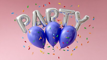 Colorful party balloons with silver letters spelling out "PARTY" against a soft pink background, surrounded by vibrant confetti, creating a festive celebration atmosphere for joyful events