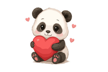 Adorable baby panda bear sitting and holding a large red heart symbol of love and affection