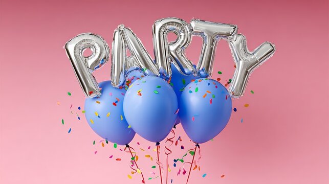 Colorful blue balloons with silver letters spelling out party, surrounded by confetti, creating a festive atmosphere for celebrations and joyful events, perfect for invitations and decorations