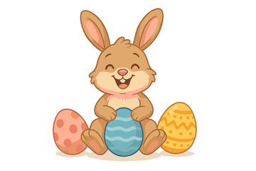 Happy cartoon Easter bunny character sitting and holding colorful decorated eggs on a clean white background