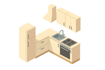 Isometric view of modern kitchen interior setup with cabinets and appliances