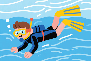 Fototapeta premium Vector cartoon illustration of scuba diver underwater with snorkel mask, fins, and oxygen tank.
