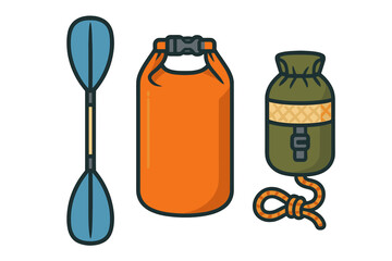 Essential equipment for kayaking and canoeing: paddle, dry bag, and waterproof sack