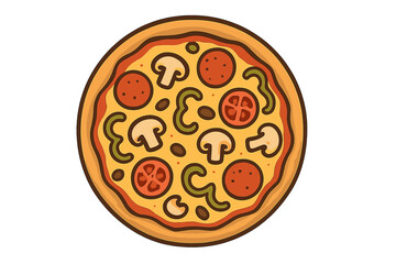 Traditional round pizza with generous toppings of pepperoni, mushrooms, bell peppers, and tomatoes
