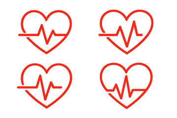 Four red outline heart shapes with integrated heartbeat pulse lines for medical concepts