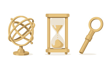 Golden antique armillary sphere, classic sand timer hourglass, and vintage winding key collection