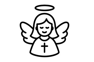 Minimalist smiling angel character with wings, halo, and Christian cross symbol