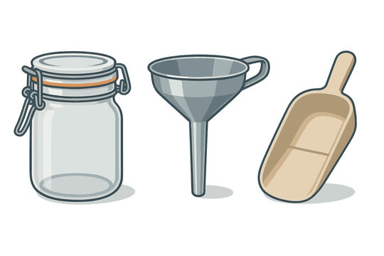 Glass jar, metal funnel, and wooden scoop for zero waste bulk food shopping and storage