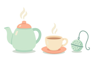 Steaming tea set with teapot, cup, saucer, and infuser in pastel colors