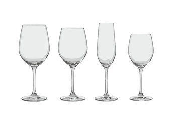 Empty clear stemware collection featuring various wine glasses and a champagne flute