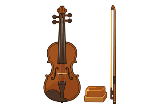 Classic wooden violin musical instrument setup featuring the bow and amber rosin block for performance