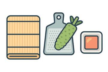 Traditional Japanese sushi preparation items including bamboo rolling mat, wasabi grater, and maki roll slice © Andrei