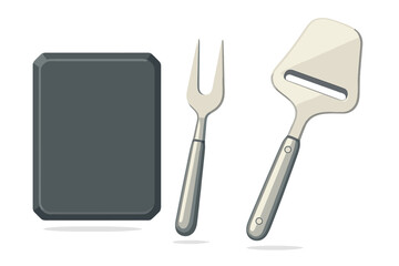Modern cheese serving set including cutting board, carving fork, and slicer