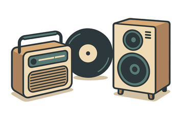 Vintage audio set including portable radio, vinyl record, and large speaker