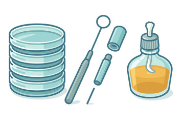 Essential microbiology laboratory equipment including stacked Petri dishes, inoculation loop, and alcohol burner