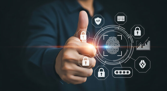 Secure Digital Future Fingerprint Scan Thumb Up in Assurance Data Security Password Cyber Shield and Access - Powered by Adobe