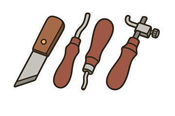 Essential tools for leather crafting and working: knife, groovers, and stamping device