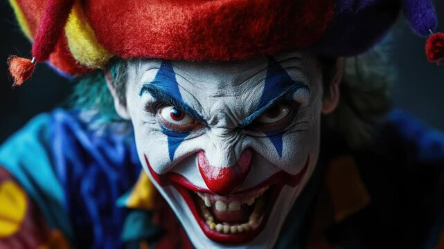 Video A close-up shot of a clown's face wearing a colorful hat, ideal for use in s or designs related to entertainment and humor