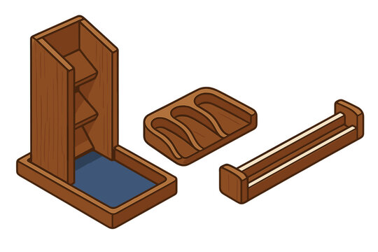 Isometric wooden dice tower with blue felt base and matching accessory trays for tabletop games