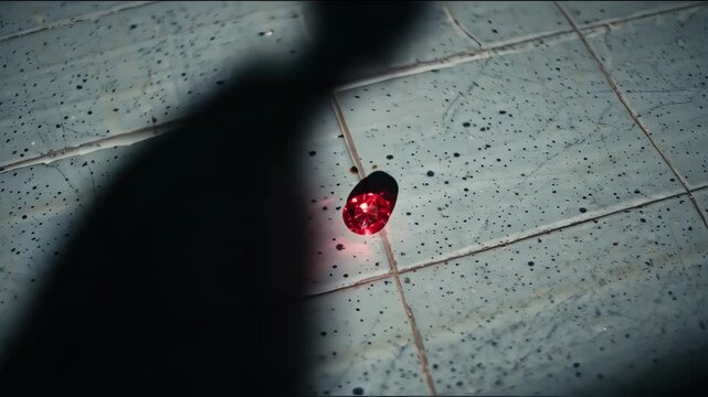 A dark shadow falls across a light-grey tiled surface, highlighting a small red gemstone