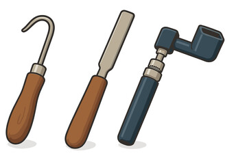 Assortment of specialized carving and shaping tools featuring a hook, a flat chisel, and a pipe reamer