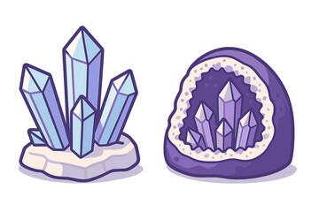 Stylized cluster of light blue quartz crystals and purple amethyst geode formation