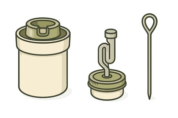 Essential tools for home fermentation including a ceramic crock, water seal airlock, and tamper