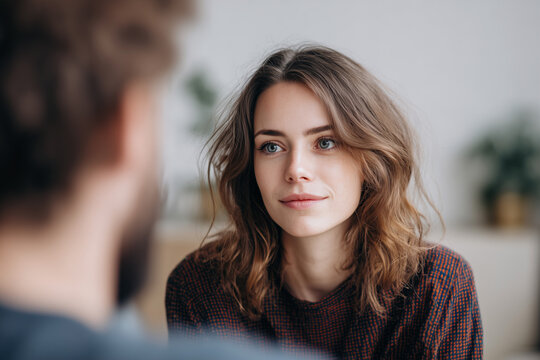 Young woman with soft smile and thoughtful gaze during a candid conversation at home - intimate portrait capturing natural beauty and connection