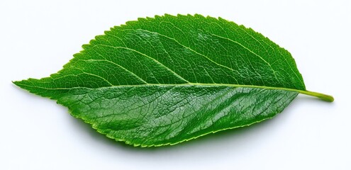 Single, vibrant green leaf against white background.  Detailed veining and serrated edge are visible