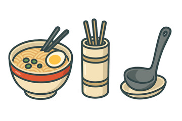 Japanese ramen noodle soup bowl with chopsticks, chopstick holder, and serving ladle set