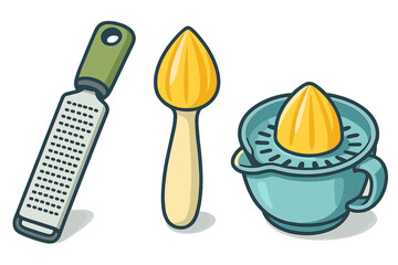 Set of kitchen tools for citrus preparation including zester reamer and juicer