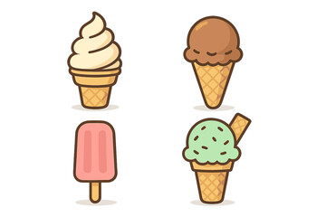 Collection of cold summer desserts including ice cream cones and fruit popsicle