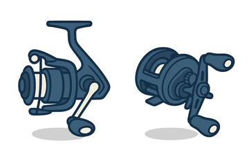 Two types of fishing reels, spinning reel and baitcasting reel equipment