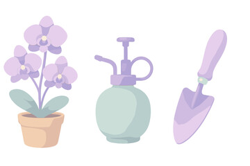 Potted orchid flower, plant mister spray bottle, and garden hand trowel set