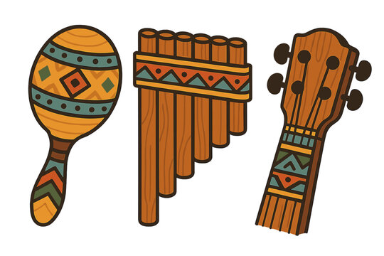 Traditional maraca, pan flute, and string instrument neck with indigenous patterns