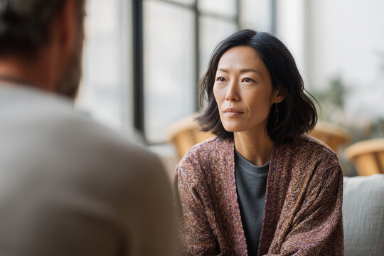 Thoughtful woman listening intently during a calm one-on-one conversation in a cozy modern interior - a warm portrait conveying empathy and reflection