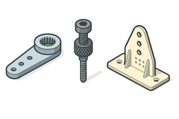 Mechanical assembly parts set including servo horn, fastener, and mounting base