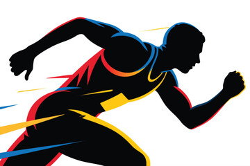 Vector illustration of sprinter in dynamic running pose with vibrant red, yellow, and blue accents.