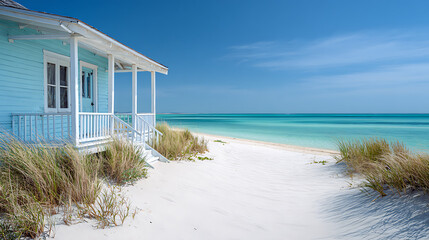 Fototapeta premium Light blue beach house with white porch and railing overlooking turquoise ocean and white sand image