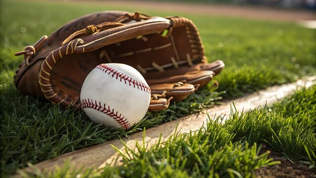 A closeup shot of a leather baseball glove resting on the green grass next to a white baseball near the foul line of a field