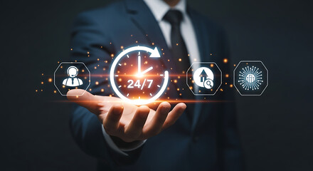 Businessman s Hand Presenting a 24 7 Clock Representing Constant Availability and Support with Customer Service and Data