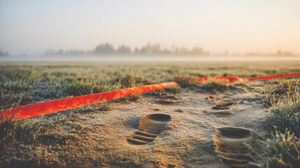 trespass. Red caution tape on ground with footprints crossing it, morning dew, soft daylight. event key visuals, club posters, designed for fitness apps and gym onboarding, supports training.