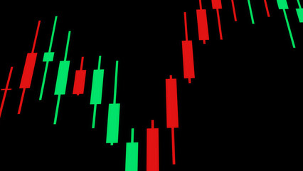 金融市場のローソク足チャートと価格変動の推移 株式投資や為替取引におけるテクニカル分析のグラフ 経済指標と資産運用を表すデジタルトレンドデータ