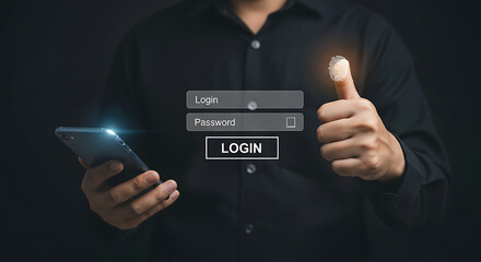 Secure Login with Fingerprint Authentication Man Holds Phone Embraces Advanced Security Tech Ready to Access Digital