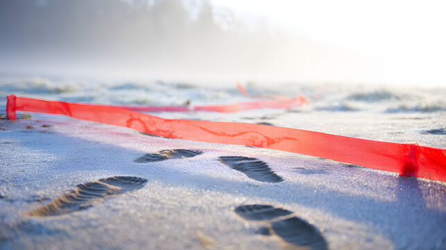 trespass. Red caution tape on ground with footprints crossing it, morning dew, soft daylight. event key visuals, club posters, designed for fitness apps and gym onboarding, supports training.
