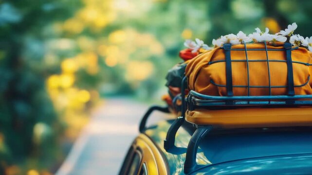 Video A blue car with a basket on its roof, ideal for advertising or promotional use