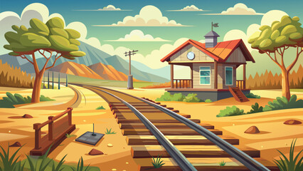 Railway track crossing running through peaceful rural farmland vector illustration ai generated art