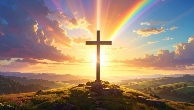Hilltop cross with sunset light and rainbow