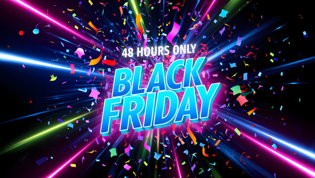 Explosion of colorful confetti and neon lights illuminates the bold text black friday announcing a limited time sale event